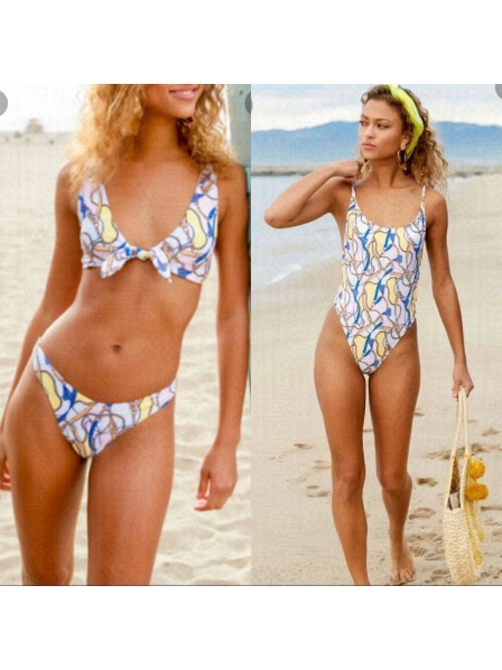 Forever 21 chain and belt print bikini swim bottom high leg Sz M